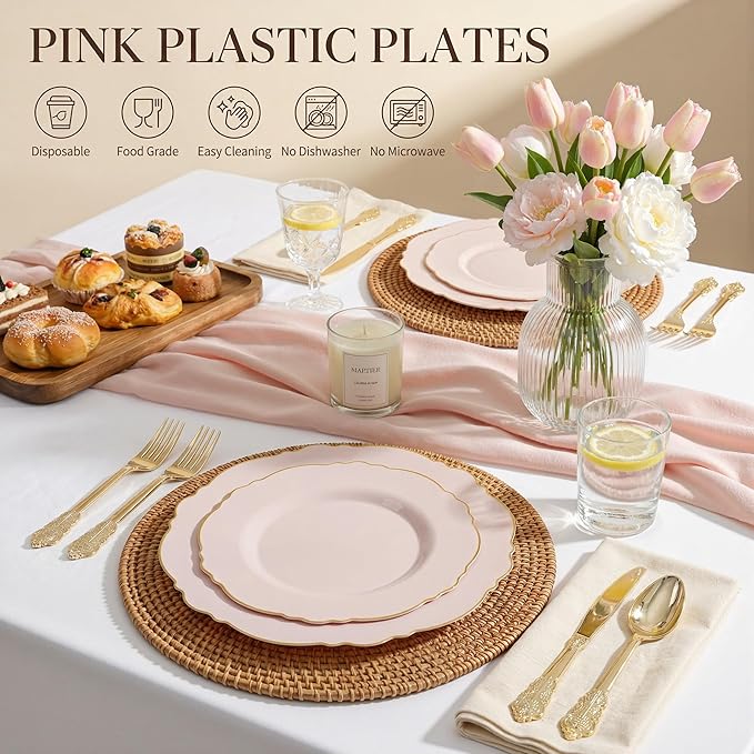 WDF 100pcs Pink Plastic Plates - High-end Baroque Design - Pink and Gold Plates - Including 50 Disposable Plate 10.25inch, 50Salad Plate 7.5inch for Wedding/Baby Shower/Spring/Birthday/Mother's Day