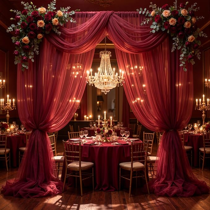 10x10ft Burgundy Tulle Backdrop Curtain for Parites, Sheer Photo Backdrop Drapes for Wedding Baby Shower Bridal Shower Birthday Party Photo Shoot Background Decorations