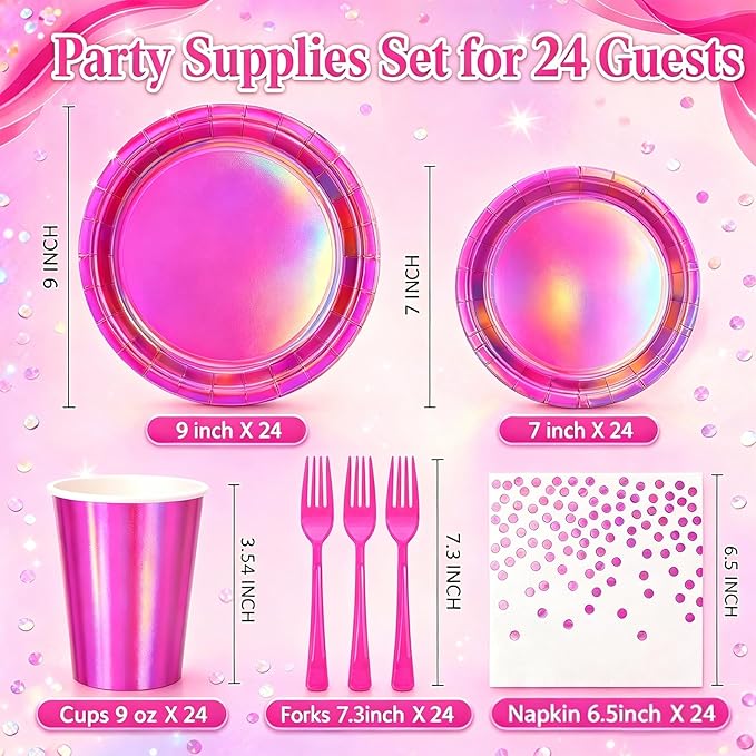 Hot Pink Iridescent Plates and Napkins Party Supplies Set for 24 Guests, Disposable 9’’ and 7'' Holographic Paper Plates, Cups, Forks, Napkins Tableware for Mermaid, Birthday Party Decorations