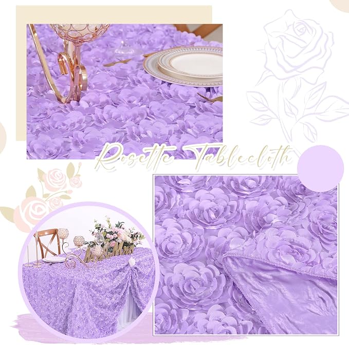 Fanqisi Lavender Tablecloth 50x80 Inches Rosette Satin Tablecloth 3D Rosette Rectangle Table Cover Wedding Banquet Party Baby Shower Decor Table Cloth