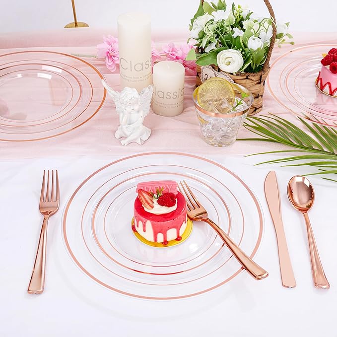 bUCLA 300PCS Rose Gold Plastic Dinnerware - Clear Dinnerware Set Disposable Include 50 Dinner Plates,50 Dessert Plates,50 Knives,50 Forks,50 Spoons,50 Cups for Party, Wedding & Mother's Day
