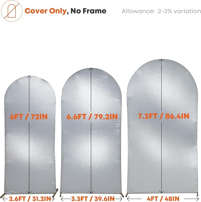 Silver Shimmer Arch Backdrop Cover Set of 3 (6 6.6 7.2FT) with Zipper,Thick Soft Stretchy Sequin Glitter Spandex Fitted Chiara Cover for Wedding Birthday Baby Shower Graduation Party Photo Backdrop