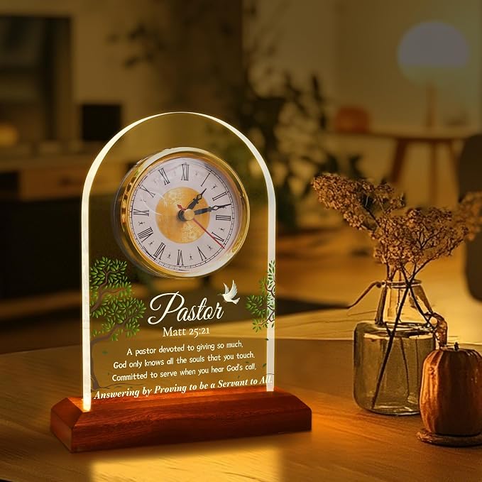 OkiyiD Pastor Appreciation Gifts, Pastor Gifts for Men Women, Light Up Quartz Clock with LED Wooden Base for Pastor Home Office Decor, Lighting Desk Table Clock,Thank You Presents for Pastor Preacher