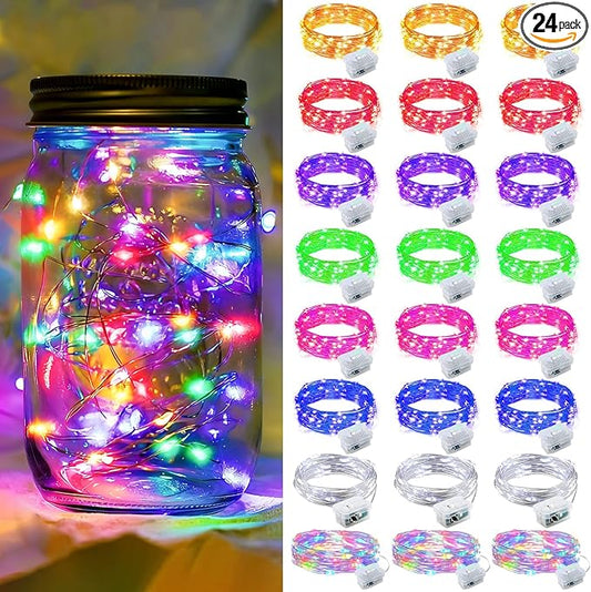 24 Pack Fairy Lights 7Ft 20 LED Twinkle String Lights Battery Operated Waterproof Firefly Starry for Mason Jar Party Wedding Christmas Valentines Day, 8-Colors