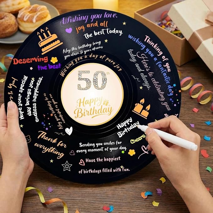 ReeGii Vinyl Record Guest Book for Birthday Decorations - Large 11.6"x11.6" Birthday Party Sign Poster with 12 Pens,Unique Keepsake Gift for Friends and Family