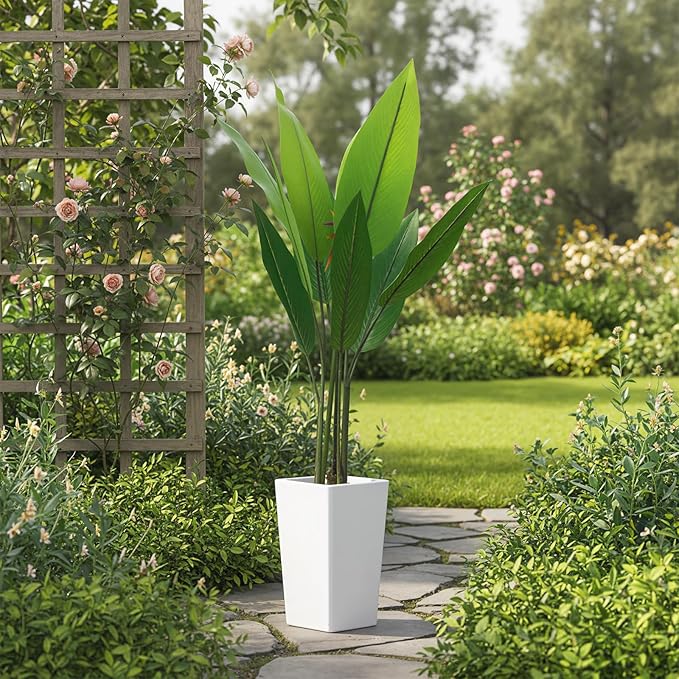 4.7FT Artificial Bird of Paradise Plant Tree with White Tall Planter, Tall Potted Faux Plants Indoor, Decorative Evergreen Tropical Fake Floor Plant for Home Office Living Room Outdoor Front Door