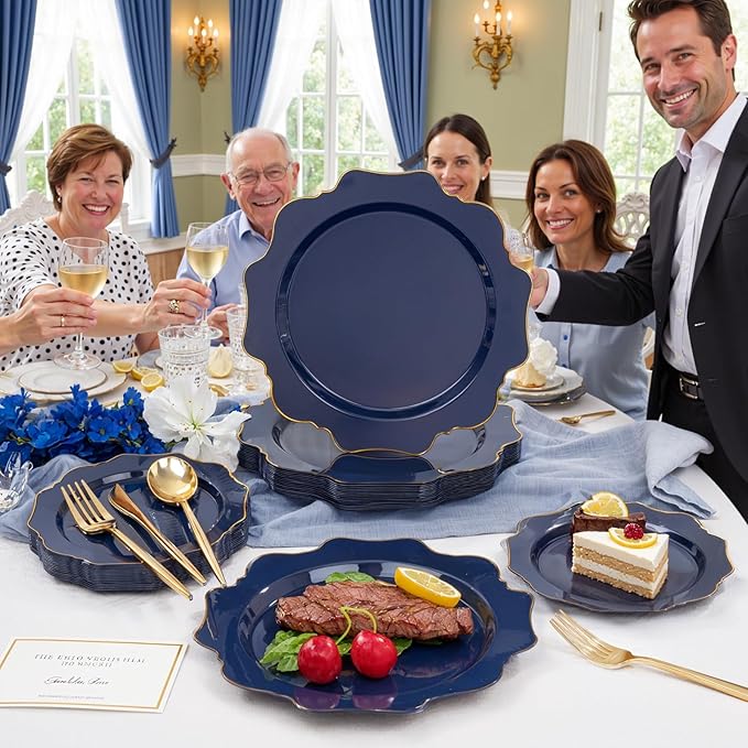 WDF 200pcs Blue Plastic Plates - Navy Blue Plates Disposable - Heavy Duty Plastic Plate for Weddings/Parties/Birthday/Graduation
