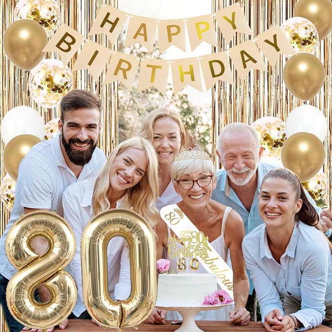 Trgowaul 80th Birthday Decorations for Women, Banner, Sash and Crown, Cake Topper, 80 Number Balloon, Fringe Curtains, Champagne Gold 80th Birthday Party Supplies