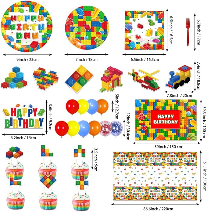 Building Block Birthday Party Decorations with Balloon Arch Kit, Banner, Backdrop, Wall Signs, Tablecloth, Plates, Napkins, Forks, Cake Topper, Cupcake Toppers