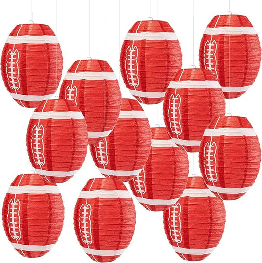 Mudder 3 Pieces 12 Inches Football Paper Lanterns Sports Fan Party Decor Football Hanging Decoration Sports Ball Lantern for Birthday Game Day Tailgates Stadium Party Supply (Red & White)
