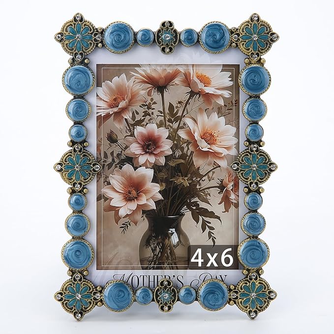 4x6 Vintage Picture Frame Decor Ornate Antique Blue Photo Frames with Glass Front, Art Decor Tabletop Display, Gifts Ideas for Women, Horizontally & Vertically