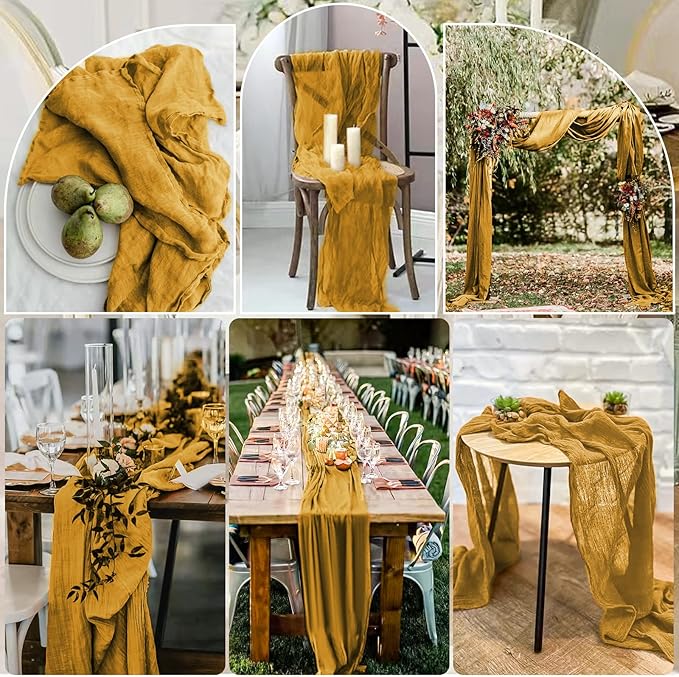 10 Pcs Mustard Cheesecloth Table Runner 10FT, Gauze Table Runner for Wedding Reception Sheer Bridal Shower Birthday Party Boho Table Decoration, Rustic Romantic Wedding Runner