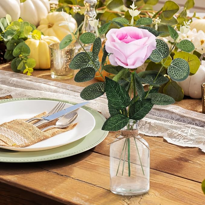10 Set Vases Glass Centerpiece for Table 10 Small Clear Glass Vases 10 Artificial Roses 30 Leaves with Rope Flower Centerpieces for Wedding Arrangement Party Home Decoration (Pink)