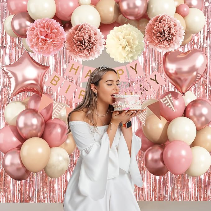Blush Pink Birthday Decorations, Rose Gold Nude Party Décor with Foil & Latex Balloons Sash Fringe Curtains Happy Birthday Banner Cake Topper Paper Pompoms Party Decor for Women Girl