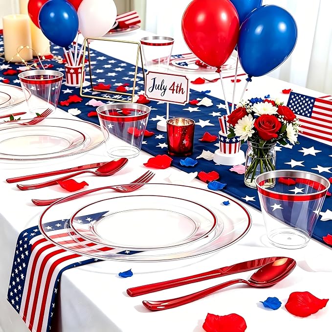 SUT 350 Pcs Red and Clear Plastic Dinnerware Set for 50 Guests, Include: 50 Dinner Plates, 50 Dessert Plates, 50 Pre Rolled Napkins With Silverware, 50 Cups, Disposable Plates for Party