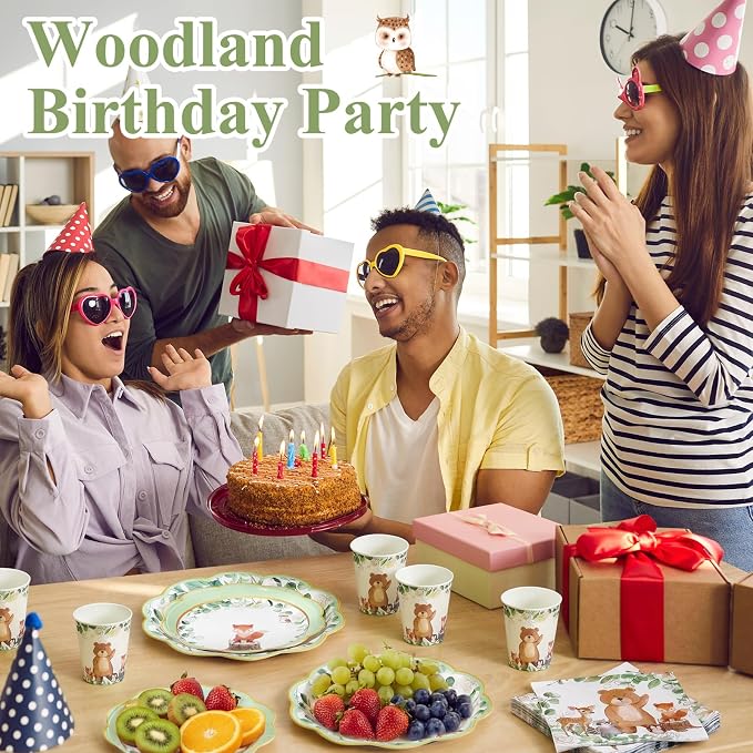 Funnymoom 250 Pcs Woodland Baby Shower Party Decorations Safari Animals Paper Plates Napkins and Cups Disposable Tableware Set for Birthday Baby Bridal Shower Wedding Party Supplies, Serves 50