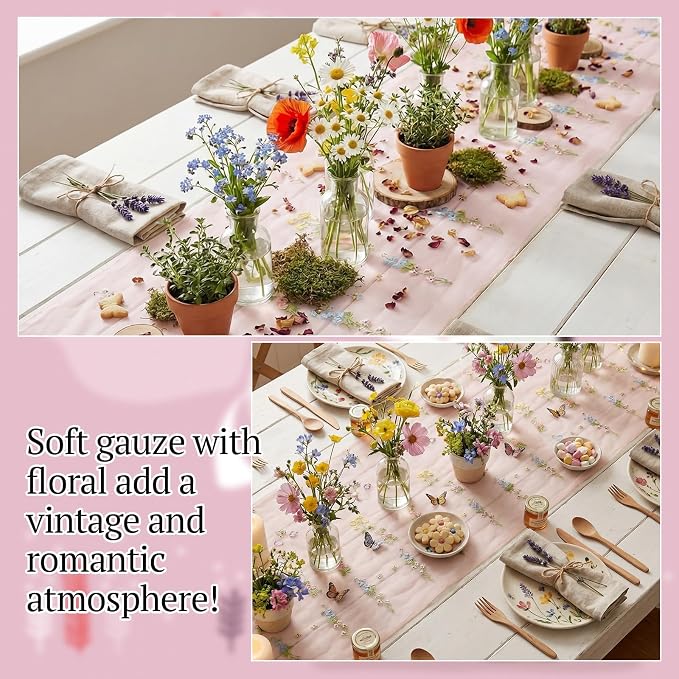 Lounsweer 3 Pcs Pink Wildflower Table Runner 10ft Embroidery Tulle Spring Floral Table Runner Seasonal Summer Butterfly Kitchen Dining Gauze Decoration for Wedding Baby Shower Birthday Party
