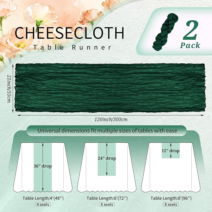 2 Pack Cheesecloth Table Runner 10FT Emerald Green Table Runner Boho Gauze Cheese Cloth Table Runners Long Rustic Sheer Table Decorations for Wedding Party Baby Bridal Shower Birthday Holiday Home