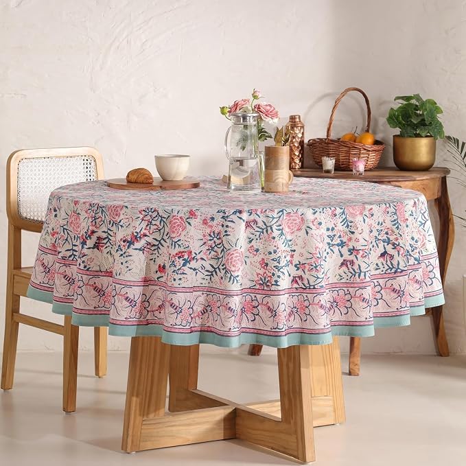 Hand Block Printed Tablecloth – Colorful Floral Print | 100% Cotton | Indian Artisan Handmade Art | Dining Room, Kitchen, Outdoor Décor, (Salmon Pink, 108 Inches Round)