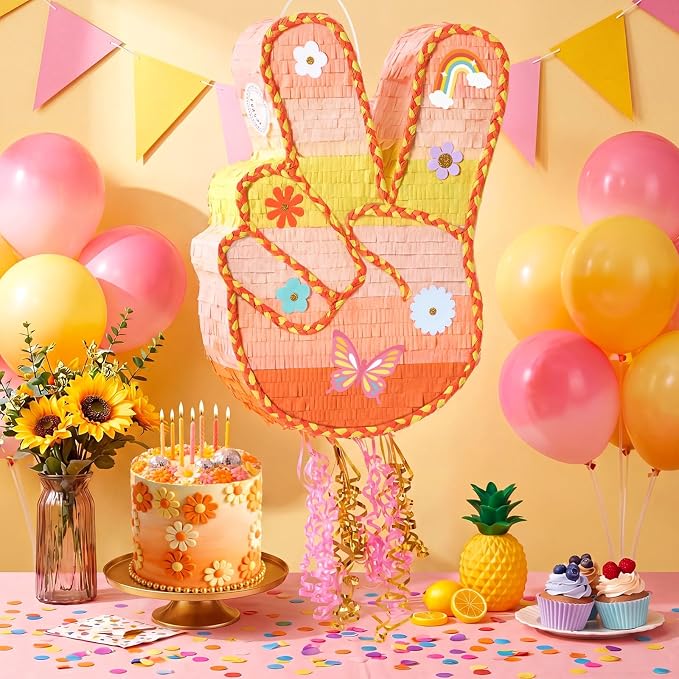 WERNNSAl Funny Groovy Peace Sign Piñata - Yellow Hippie Hand Gesture Piñata for Kids with Blindfold and Bat Retro Hip Hop Birthday Party Supplies Two Groovy Daisy Party Decorations