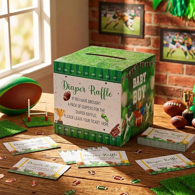 Teling 51 Pieces Diaper Raffle Tickets with Card Baby Shower Decorations Gender Reveal Holder Box for Girl Boy Diaper Raffle Party (Football Touch Down It's A Boy)