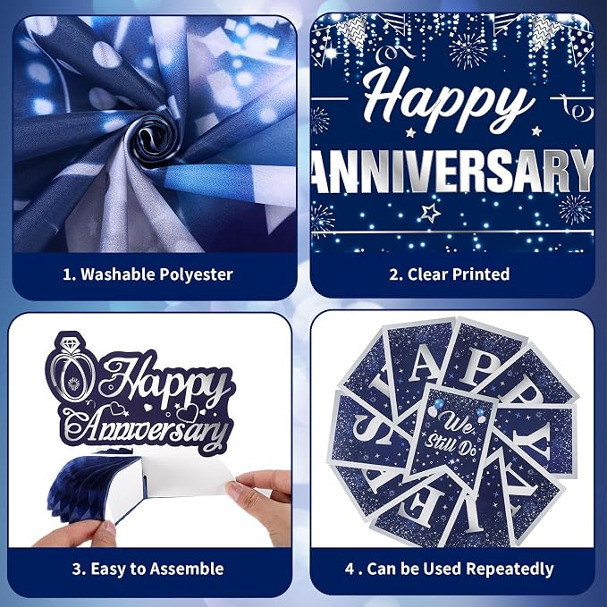 Happy Anniversary Decorations Kit Blue Silver Happy Anniversary Banner Honeycomb Centerpieces Hanging Swirls Tissue Paper Pompoms Set for Men Women Couple Wedding Anniversary Party Supplies Decor
