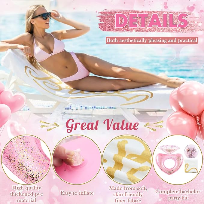 Realspring 3 Pcs Bachelorette Pool Float Set for Bride to Be Gifts Inflatable Glitter Heart Shaped Diamond Ring Float with Bridal Towel & Beach Ball for Bridal Shower Pool Party Decorations