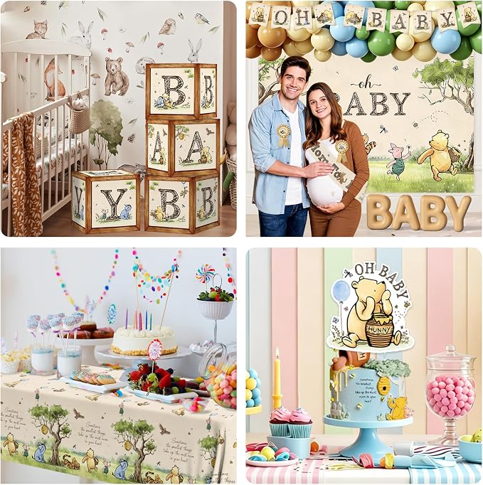 Bear Baby Shower Decorations, Neutral Baby Shower Decorations with Oh Baby Backdrop Banner Plates Napkins Bear Tablecloth Balloon Arch Box for 1st Boy Girl Birthday Party