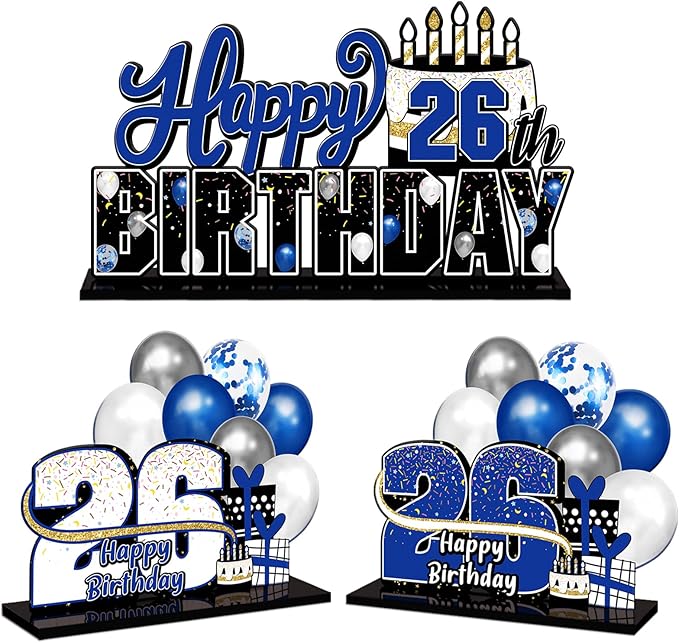 LINGTEER Happy 26th Birthday Blue Acrylic Table Topper Centerpieces Set - Cheers to 26 Years Old Birthday 26th Bday Party Gift Decorations.