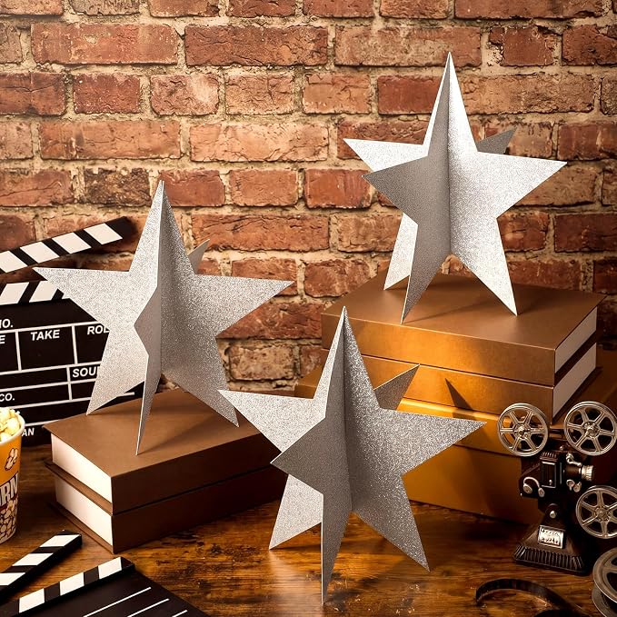 Sinload 18 Pcs Large 3D Glitter Star Decorations Back to School Work Silver Star Centerpiece Standing Hanging Decor for School Centerpiece Starry Movie Night Themed Party Decor