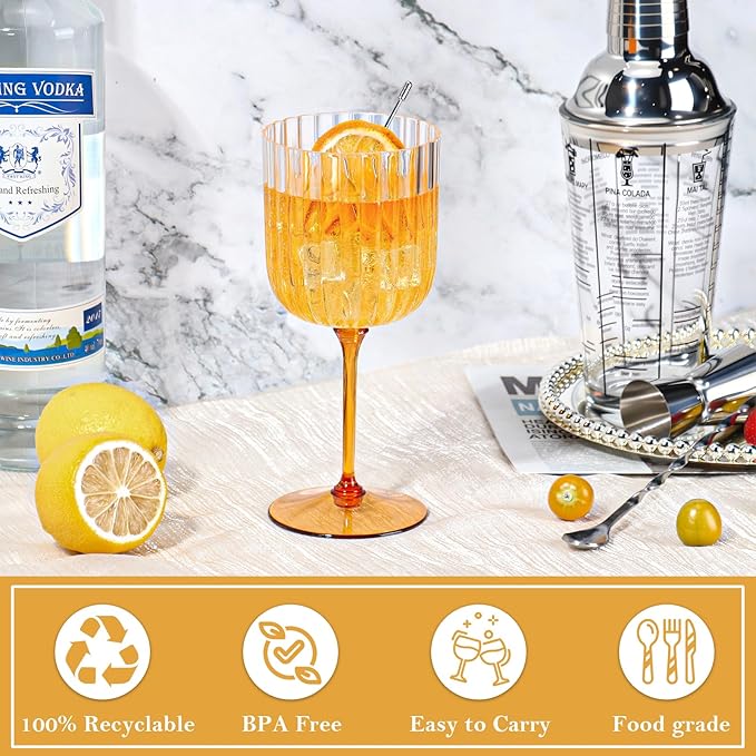12 PCS Plastic Ribbed Wine Glasses 11oz Clear and Amber Detachable Wine Goblet Unbreakable Vintage Ripple Water Goblets Cocktail Drinking Cups for Parties Weddings Poolside Outdoors