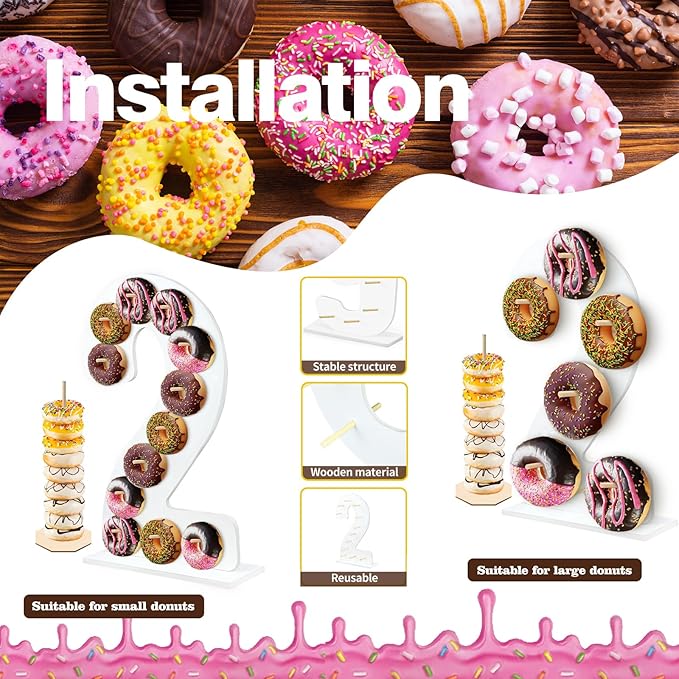 5 Pcs Donut Stand Set, Doughnut Party Supplies Include 1 Pc Digit Donut Wall Display Stand, 4 Pcs Doughnut Wall, for Birthday Wedding Baby Shower Party (White number 2)