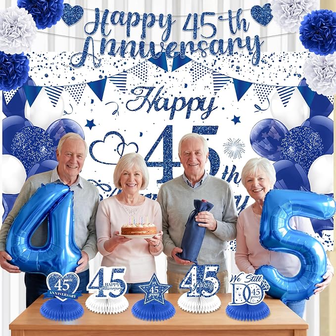 45th Wedding Anniversary Decorations Kit Blue Happy 45th Anniversary Banner Backdrop Table Honeycomb Centerpiece Hanging Swirls Poms Decor for Men Women 45 Years Wedding Anniversaries Party Supplies