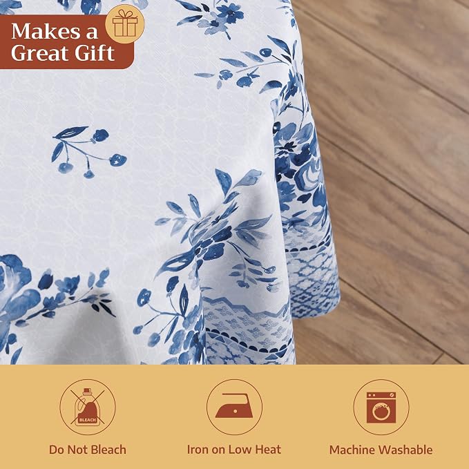 Maison d' Hermine Table Cloth Round Table 100% Cotton 63 Round Inches Tablecloth Reusable Decorative for Dining Kitchen Room Farmhouse Party Home Hotel Restaurant Spring Summer - Rose Garden - Blue