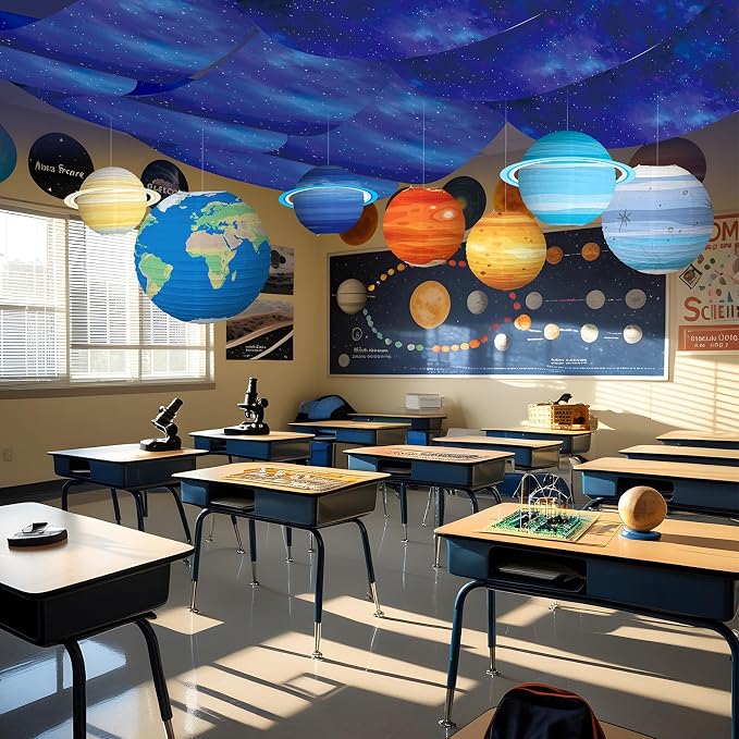 11 Pcs Galaxy Space Ceiling Decoration for Vbs 12 x 2 ft Fluorescent Light Covers 8 Solar System Paper Paper Lanterns Props Classroom Hanging Backdrop Galaxy Outer Space Birthday Party Decorations