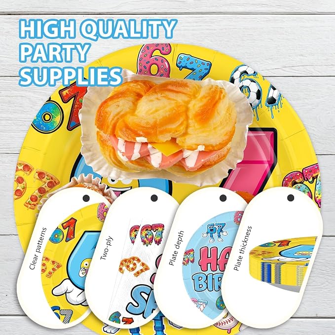 96Pcs 6 7 Birthday Decorations 6-7 Birthday Plates and Napkins Six Seven Themed Disposable Paper Tableware Set for Kids Boys Girls I was 6 Now Im 7 Party Supplies Serves 24