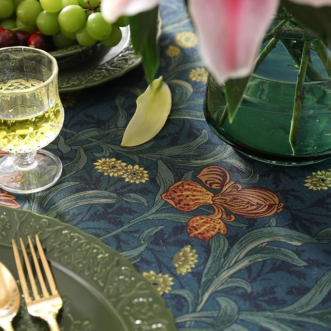 patdrea Vintage French Linen Tablecloth,Round,Diameter 55"-Herbert C | Elegant Table Cloth for Round Table,Navy Blue Floral Patterned,Dining Room Tea Party Thanksgiving Coffe Table