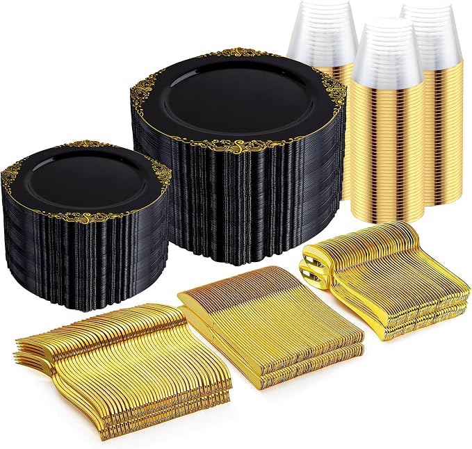 Nervure 600PCS Gold Plastic Dinnerware - Black and Gold Disposable Plates for 100 Guests - 200 Disposable Plates, 300 Plastic Silverware, 100 Cups for Wedding & Party