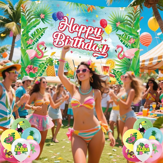 164Pcs Hawaii Themed Happy Birthday Party Decorations, Plates Napkins Cups Tableware, Tropical Aloha Backdrop Tablecloth, Happy Birthday Banner, Cake Topper, Colorful Printed Balloons for Kids Adults