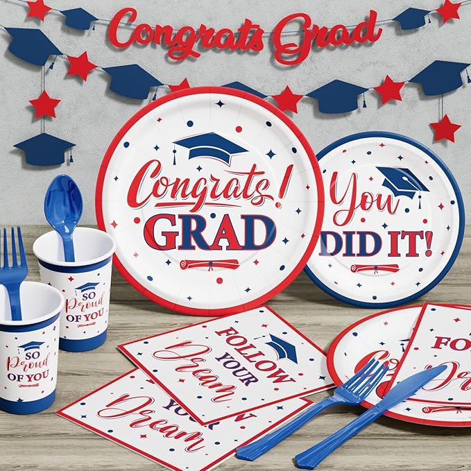 Ecomore Graduation Decorations Class of 2026, 350 PCS Graduation Party Supplies College High School Grad Decor Disposable Dinnerware (Serve 50) Paper Plates Cup Napkin Fork Knife Spoon (Red & Blue)