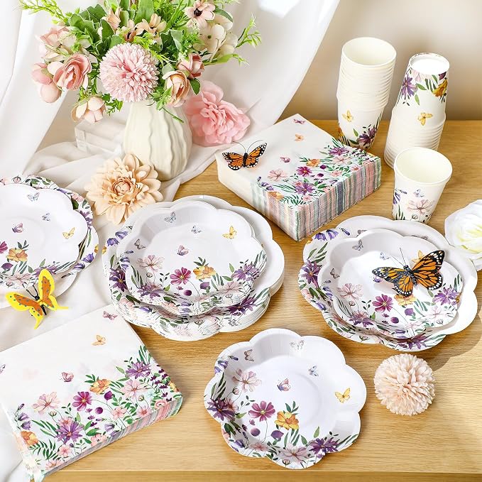Newtay 250 Pcs Wildflower Disposable Plates and Napkins Floral Paper Tableware Set for 50 Guests Paper Plates Napkins Cups for Baby Shower Wedding Birthday Party Supplies