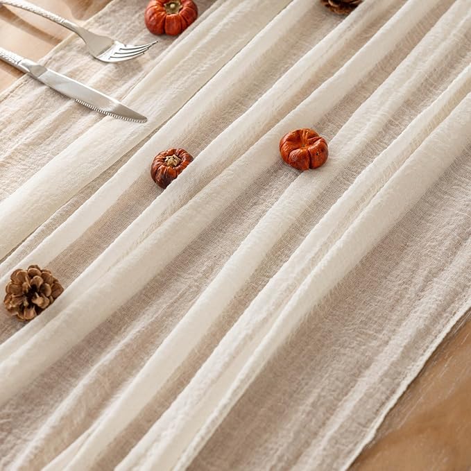 Keketoarrange White Spring Cheesecloth Table Runner Ivory Cream Gauze Rustic Cheese Cloth Table Runner 120 Inch 10 FT for Wedding Baby Bridal Shower Party Sheer Boho Summer Home Decorations