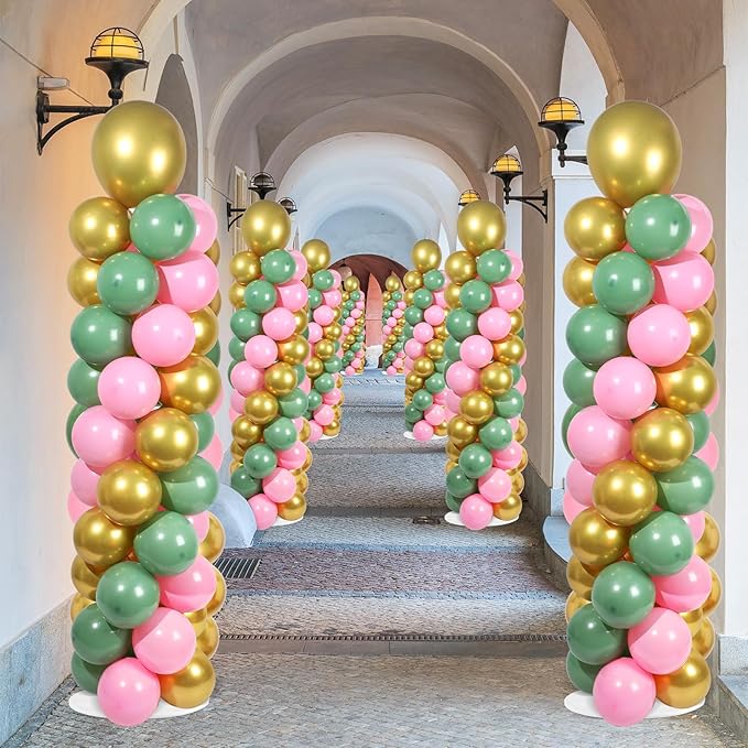 2 Sets Pink Green Gold Balloon Column Stand Kit with 100 Balloons Adjustable Balloon Tower Stand with Bases for Floor Column Kit for Wedding Anniversary Graduation Birthday Appreciation Party Decor