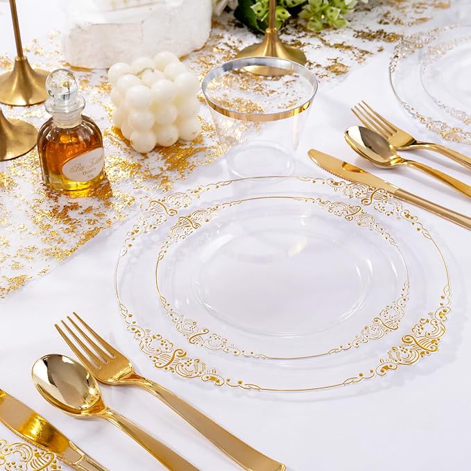 Nervure 600PCS Gold Plastic Dinnerware - Clear and Gold Disposable Plates for 100 Guests - 200 Disposable Plates, 300 Plastic Silverware, 100 Cups for Wedding & Party