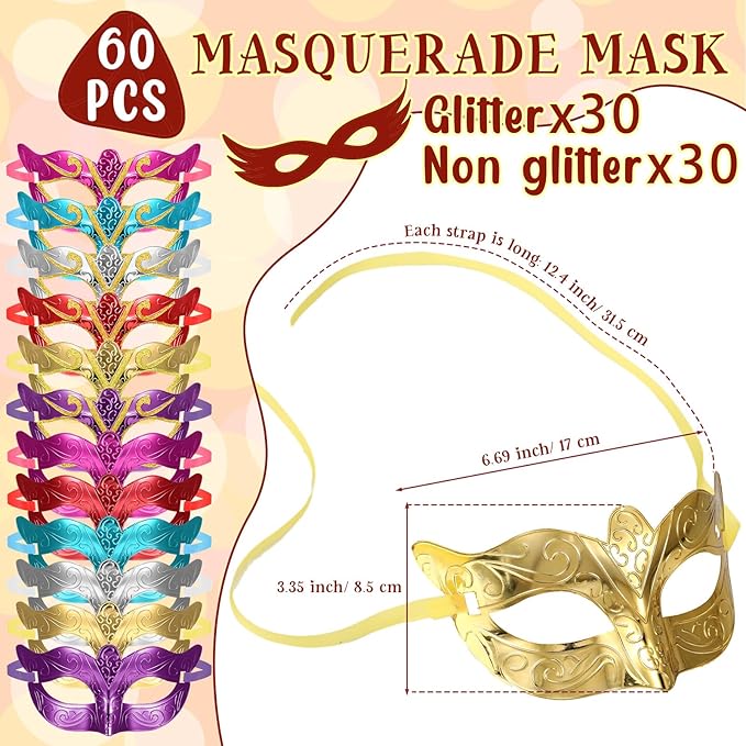 VioraWhite 60 Pack Multicolored Masquerade Mask Gold Shining Plated Mardi Gras Mask for Purim Mardi Gras Wedding Party