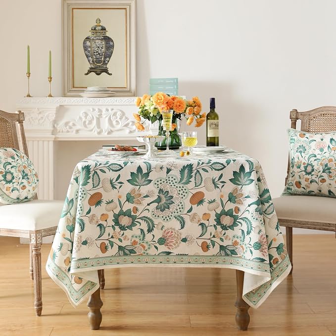 patdrea Vintage French Linen Tablecloth,Rectangular,94"x63"-Tree Life | Elegant Colorful Large Table Cloth for Rectangle Table,Green Floral Patterned,for Dining Room Tea Party Thanksgiving