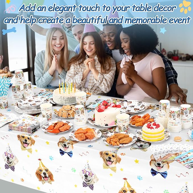 Potchen 452 Pcs Party Supplies Serve 50 Guests, Paper Plates Napkins Cups Cutlery Plastic Tablecloth Dinnerware for Birthday Wedding Party Decoration(Colorful, Dog Birthday)