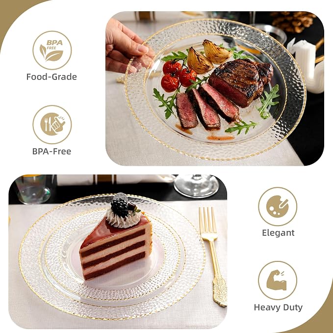 HOMIP 60PCS Clear Plastic Plates with Gold Stone Texture rim - Disposable Party Crystal Plates Include 30PCS 10" Dinner Plate & 30PCS 7" Dessert Plate Perfect for Wedding & Party
