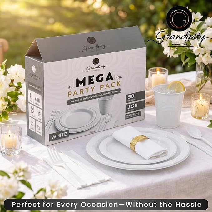350 Piece WHITE Disposable Dinnerware Set 50 Guests, Plastic Party Plates And Cups And Napkins Sets - 50 Count 9" Dinner Plates, 7" Dessert Plates, 12oz Cups, Paper Napkins, Forks, Knives & Spoons