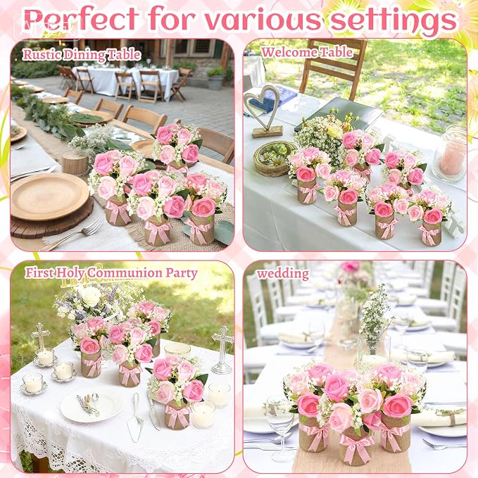 Suncalla 45 Pcs/6 Set Floral Baby Shower Decorations for Girl Rustic Vase Table Centerpieces with Burlap Bow Pink Flower Metal Vases Decor for Baby Girls Wedding Reception Picnic Party Table Decor
